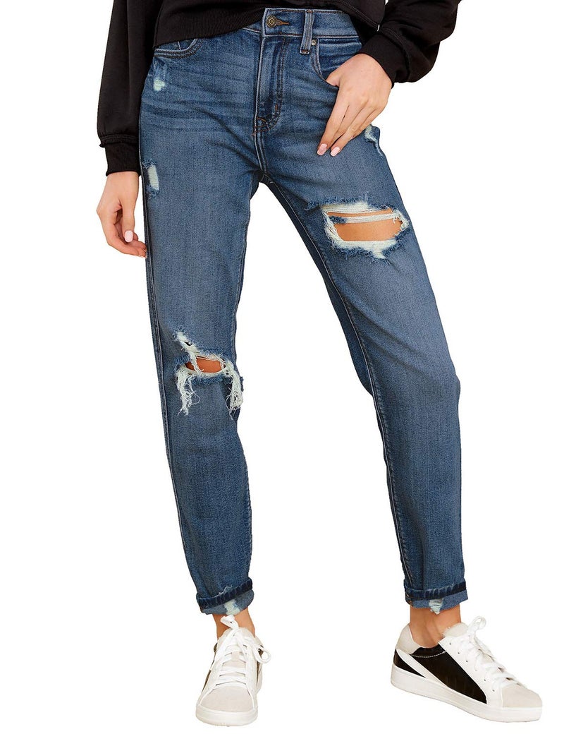 luvamia Women's Casual High Waist Ripped Boyfriend Jeans Washed Distressed Denim Jean Pants Timeless Blue Size X-Large - Image 3